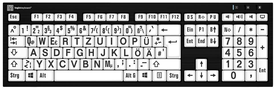 Logickeyboard XL-Print Kabelgebunden Tastatur Deutsch, QWERTZ Schwarz Multimediatasten, USB-Hub, Geräuscharme Tasten