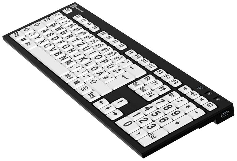 Logickeyboard XL-Print Kabelgebunden Tastatur Deutsch, QWERTZ Schwarz Multimediatasten, USB-Hub, Geräuscharme Tasten