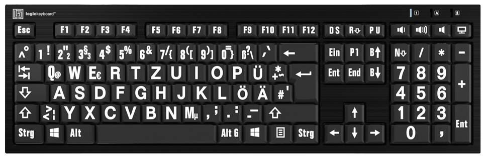 Logickeyboard XL-Print Kabelgebunden Tastatur Deutsch, QWERTZ Schwarz Multimediatasten, USB-Hub, Geräuscharme Tasten