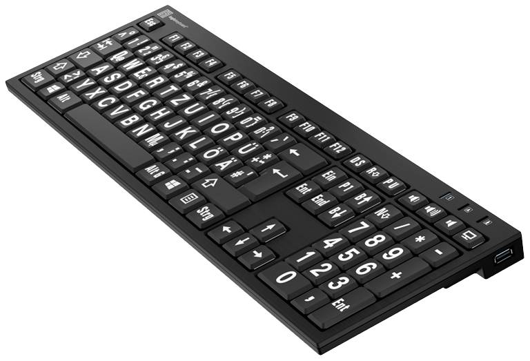 Logickeyboard XL-Print Kabelgebunden Tastatur Deutsch, QWERTZ Schwarz Multimediatasten, USB-Hub, Geräuscharme Tasten