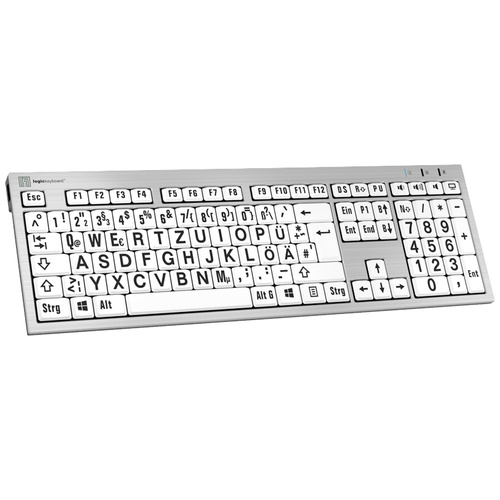 Logickeyboard XL-Print Kabelgebunden Tastatur Deutsch, QWERTZ Weiß Multimediatasten, USB-Hub, Geräuscharme Tasten
