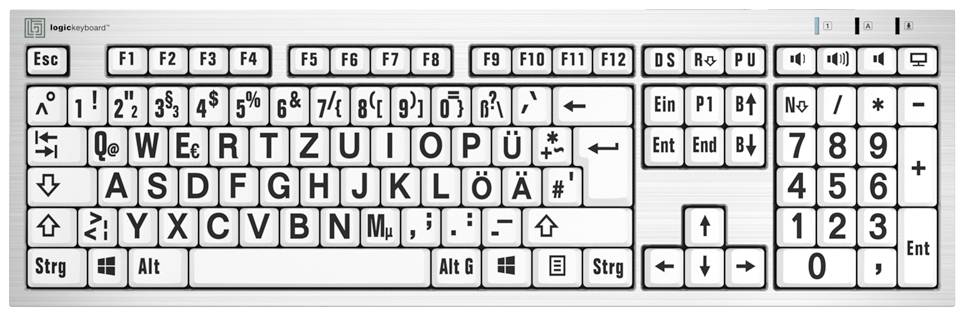Logickeyboard XL-Print Kabelgebunden Tastatur Deutsch, QWERTZ Weiß Multimediatasten, USB-Hub, Geräuscharme Tasten