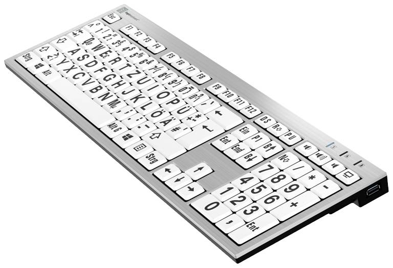 Logickeyboard XL-Print Kabelgebunden Tastatur Deutsch, QWERTZ Weiß Multimediatasten, USB-Hub, Geräuscharme Tasten