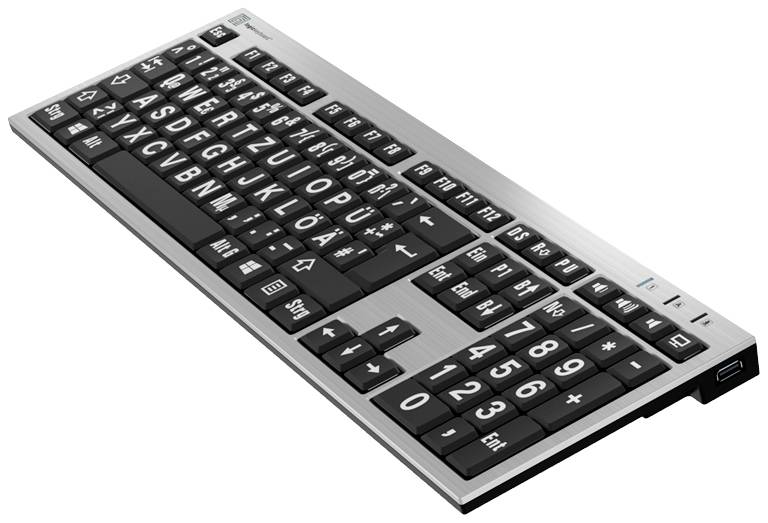 Logickeyboard XL-Print Kabelgebunden Tastatur Deutsch, QWERTZ Grau Multimediatasten, USB-Hub, Geräuscharme Tasten