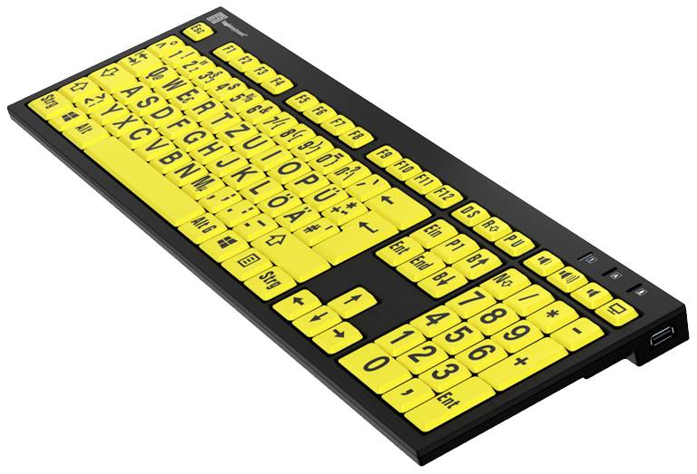 Logickeyboard XL-Print Kabelgebunden Tastatur Deutsch, QWERTZ Schwarz Multimediatasten, USB-Hub, Geräuscharme Tasten