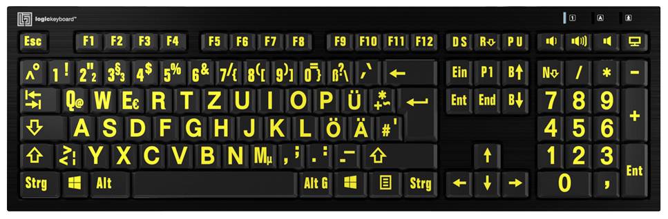 Logickeyboard XL-Print Kabelgebunden Tastatur Deutsch, QWERTZ Schwarz Multimediatasten, USB-Hub, Geräuscharme Tasten