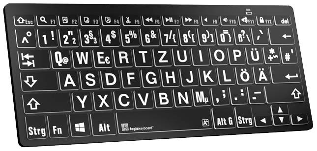 Logickeyboard XL-Print Bluetooth® Tastatur Deutsch, QWERTZ Schwarz Multimediatasten, USB-Hub, Geräu