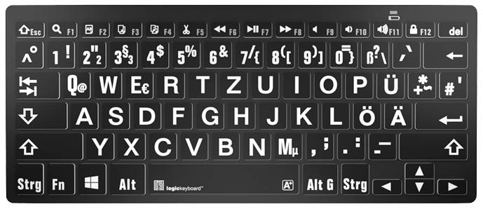 Logickeyboard XL-Print Bluetooth® Tastatur Deutsch, QWERTZ Schwarz Multimediatasten, USB-Hub, Geräuscharme Tasten