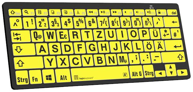 Logickeyboard XL-Print Bluetooth® Tastatur Deutsch, QWERTZ Gelb/Schwarz Multimediatasten, USB-Hub