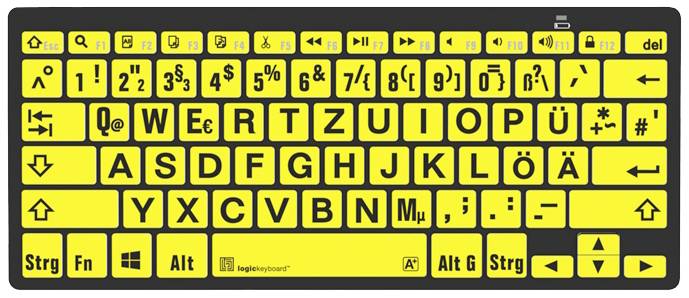 Logickeyboard XL-Print Bluetooth® Tastatur Deutsch, QWERTZ Gelb/Schwarz Multimediatasten, USB-Hub, Geräuscharme Tasten