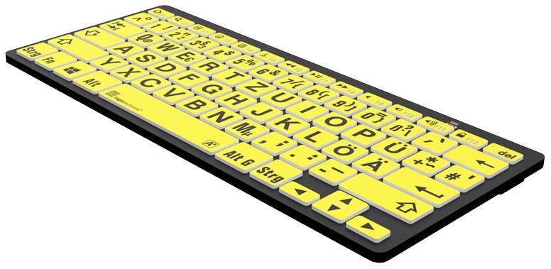 Logickeyboard XL-Print Bluetooth® Tastatur Deutsch, QWERTZ Gelb/Schwarz Multimediatasten, USB-Hub, Geräuscharme Tasten