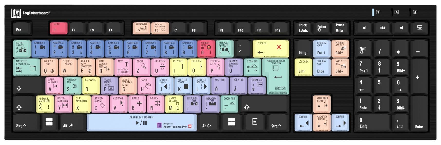 Logickeyboard Adobe Premiere Pro CC Kabelgebunden Tastatur Deutsch, QWERTZ Schwarz Multimediatasten, USB-Hub, Geräuscharme Tasten