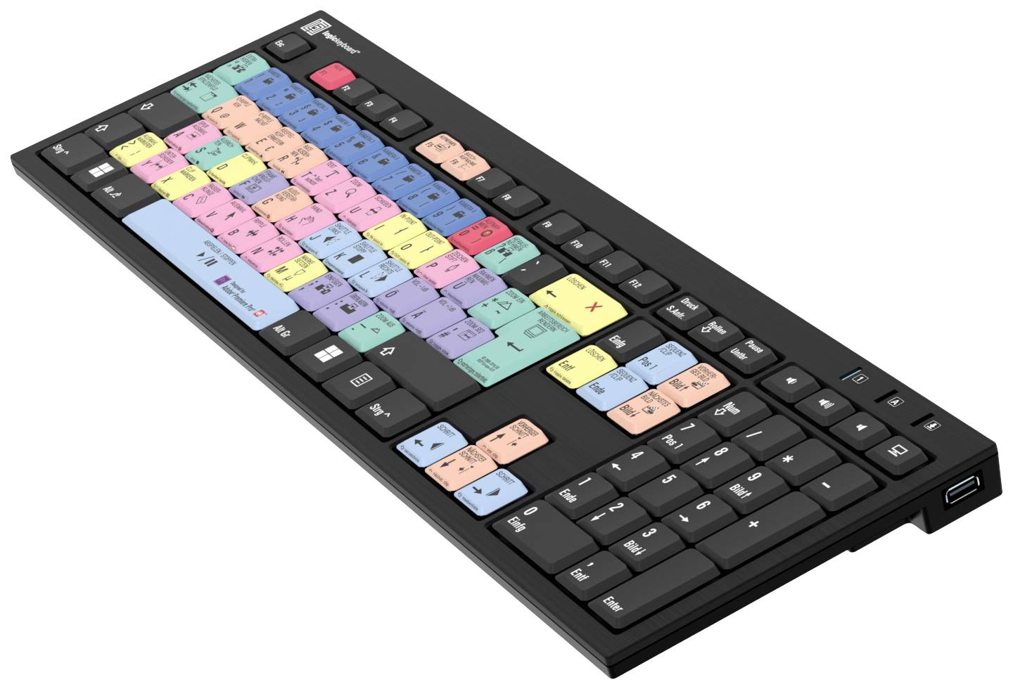 Logickeyboard Adobe Premiere Pro CC Kabelgebunden Tastatur Deutsch, QWERTZ Schwarz Multimediatasten, USB-Hub, Geräuscharme Tasten