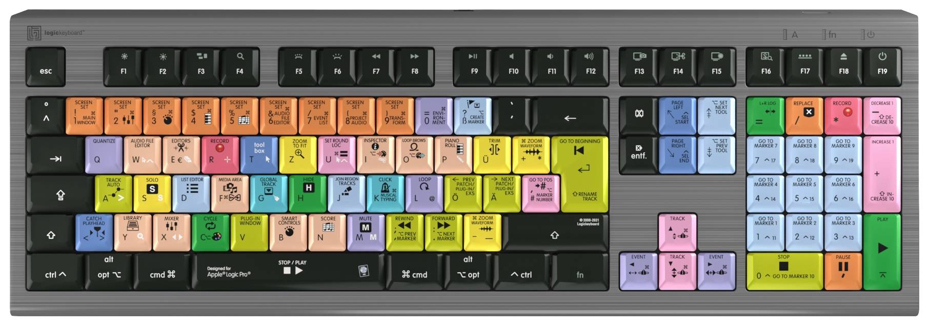 Logickeyboard Apple Logic Pro X2 Astra Kabelgebunden Tastatur Deutsch, QWERTZ Grau Multimediatasten, USB-Hub, Geräuscharme Tasten