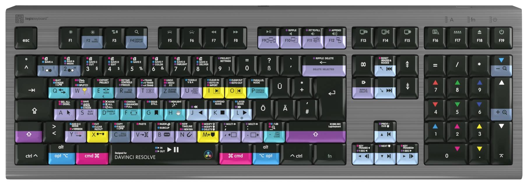 Logickeyboard Davinci Resolve Astra Kabelgebunden Tastatur Deutsch, QWERTZ Grau Multimediatasten, USB-Hub, Geräuscharme Tasten