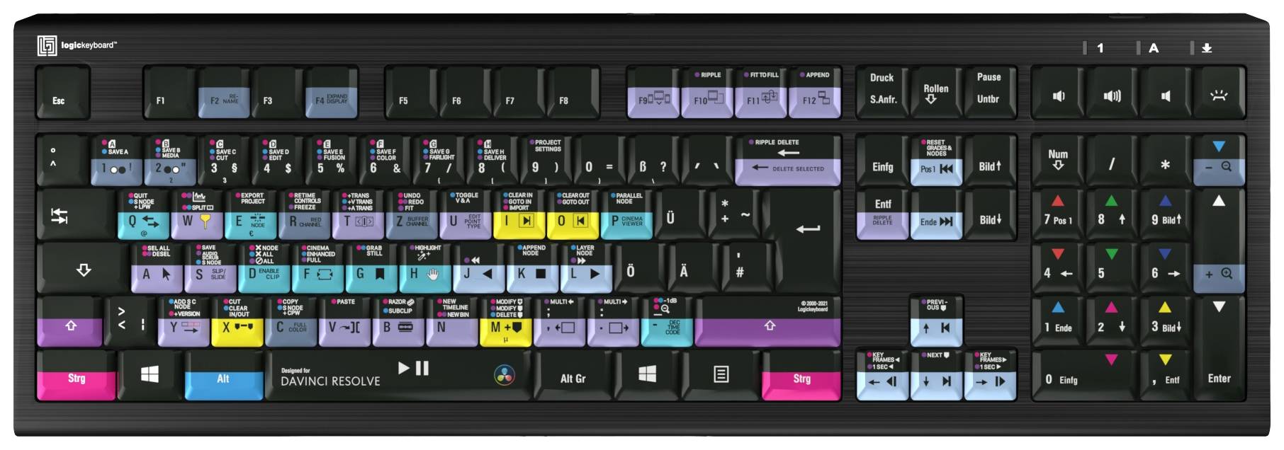 Logickeyboard Davinci Resolve Astra Kabelgebunden Tastatur Deutsch, QWERTZ Schwarz Multimediatasten, USB-Hub, Geräuscharme Tasten