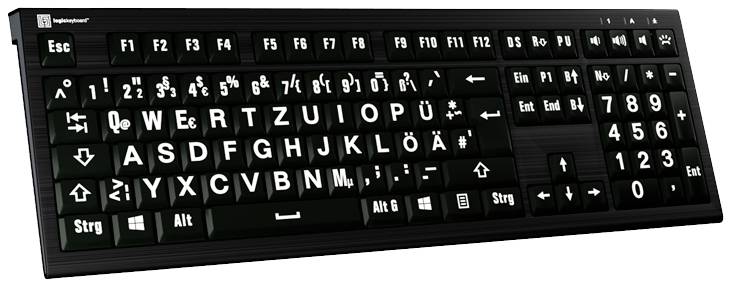 Logickeyboard XL-Print Kabelgebunden Tastatur Deutsch, QWERTZ Schwarz Multimediatasten, USB-Hub, Geräuscharme Tasten