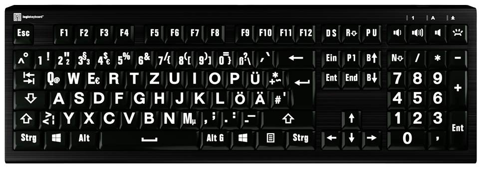 Logickeyboard XL-Print Kabelgebunden Tastatur Deutsch, QWERTZ Schwarz Multimediatasten, USB-Hub, Geräuscharme Tasten