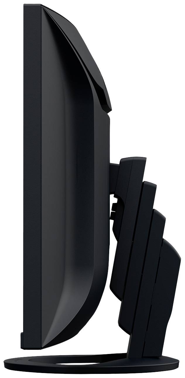 Ein seitliches Profil eines schwarzen Computerbildschirms mit verstellbarem Ständer, erleichtert Anpassung der Bildschirmhöhe.