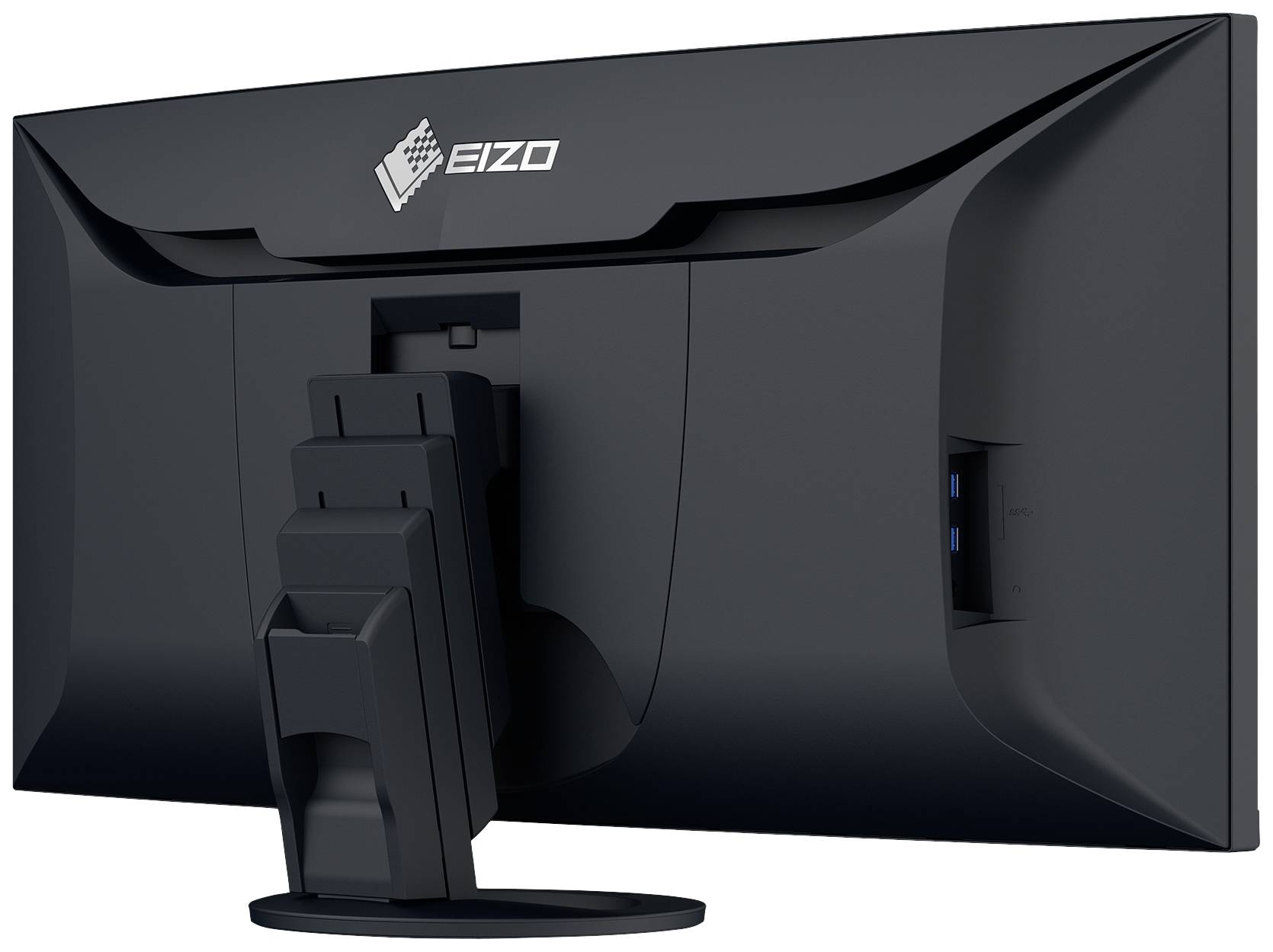 Ein schwarzer Computermonitor von hinten mit Logo oben links; zeigt den Standfuß und die Anschlüsse an der Seite.