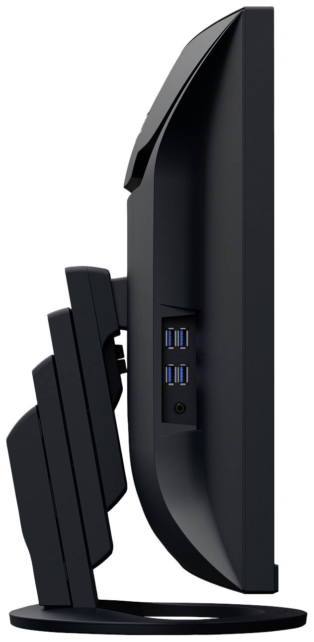 Seitenansicht eines schwarzen Computermonitors mit mehreren USB-Anschlüssen an der Seite. Der Monitor hat ein modernes, schlankes Design.