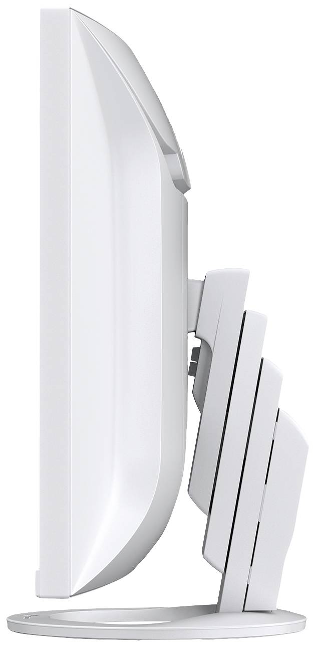 Weiße, seitliche Ansicht eines Computerbildschirms mit verstellbarem Neigungswinkel auf rundem Standfuß.