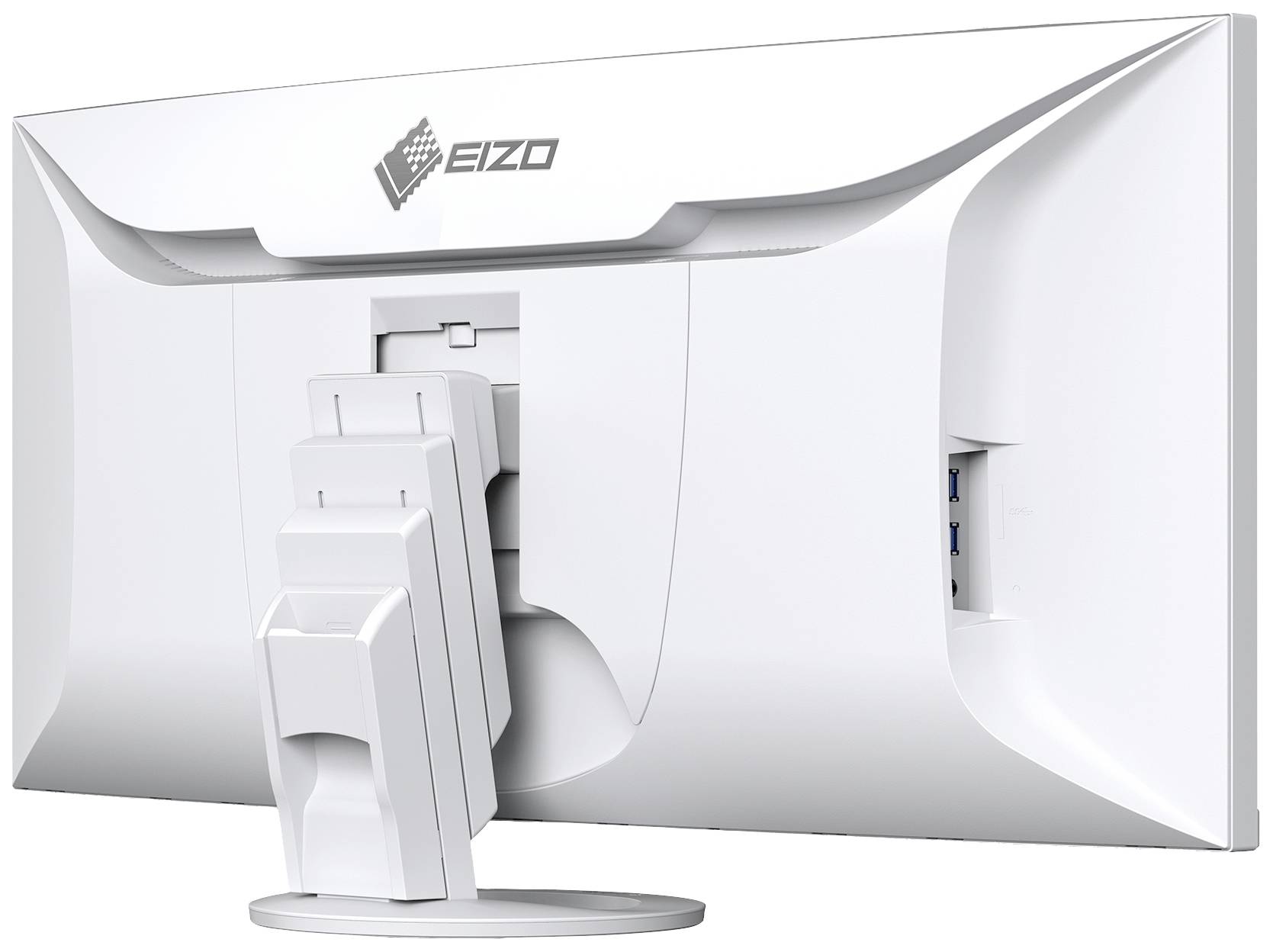 Rückansicht eines weißen Computerbildschirms mit Standfuß. Markenzeichen oben, seitliche Anschlüsse sichtbar.