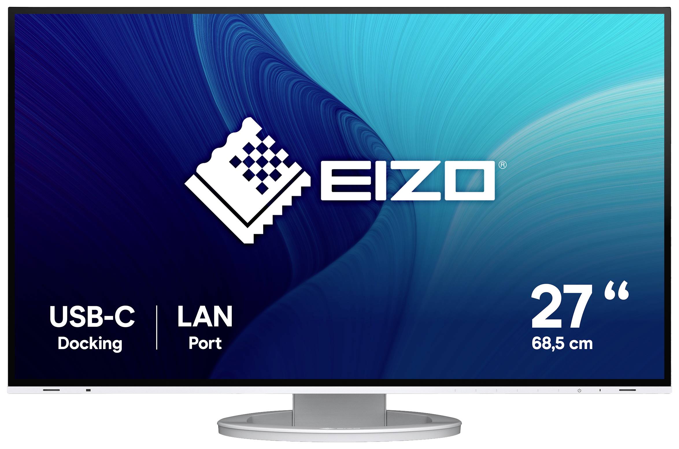 Ein Monitor mit 27 Zoll Bildschirmdiagonale. Auf dem Bildschirm steht 'EIZO', daneben 'USB-C Docking' und 'LAN Port'.