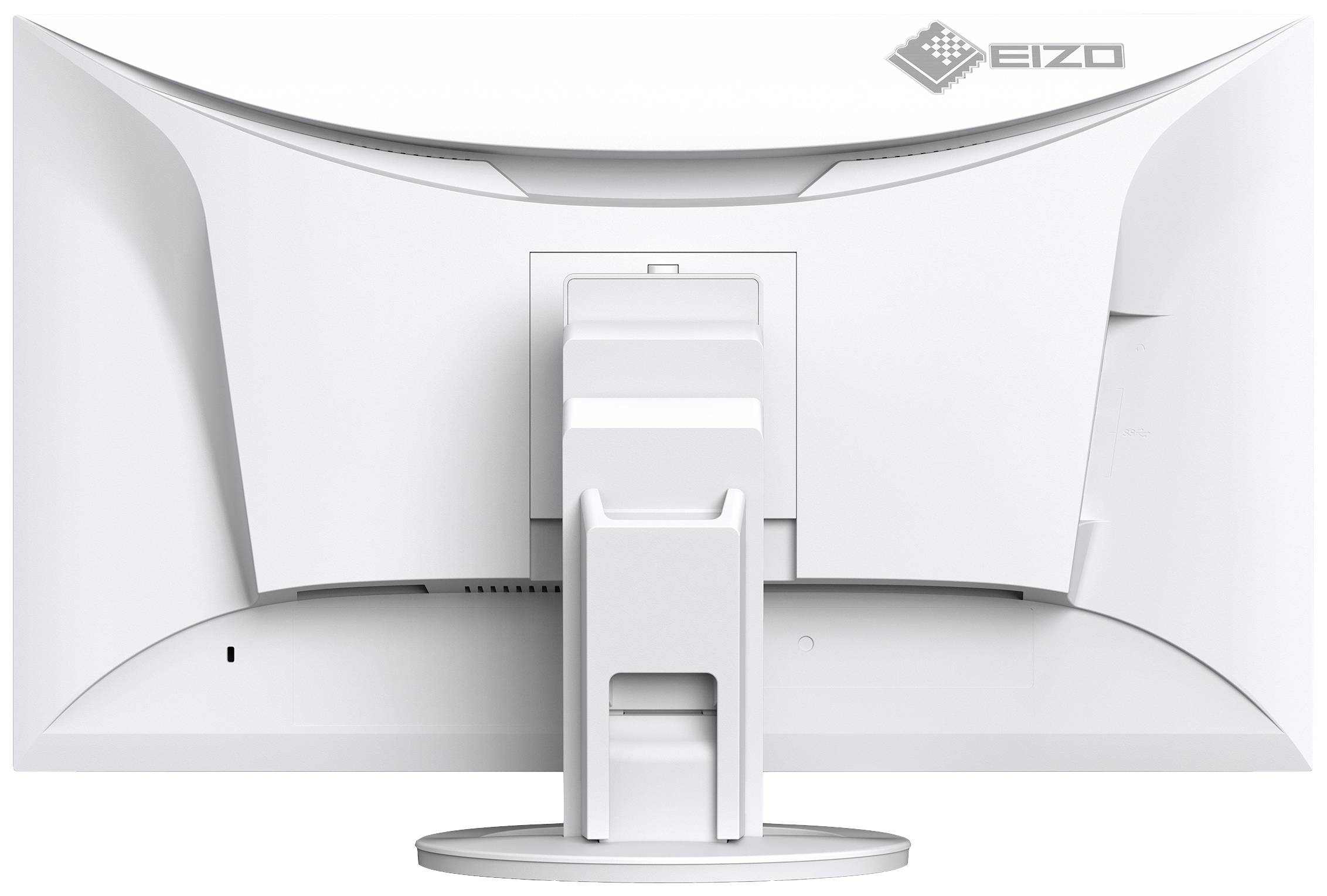 Ein weißer Computer-Monitor von hinten, mit einem stabilen Standfuß und dem Logo der Marke in der oberen Ecke.