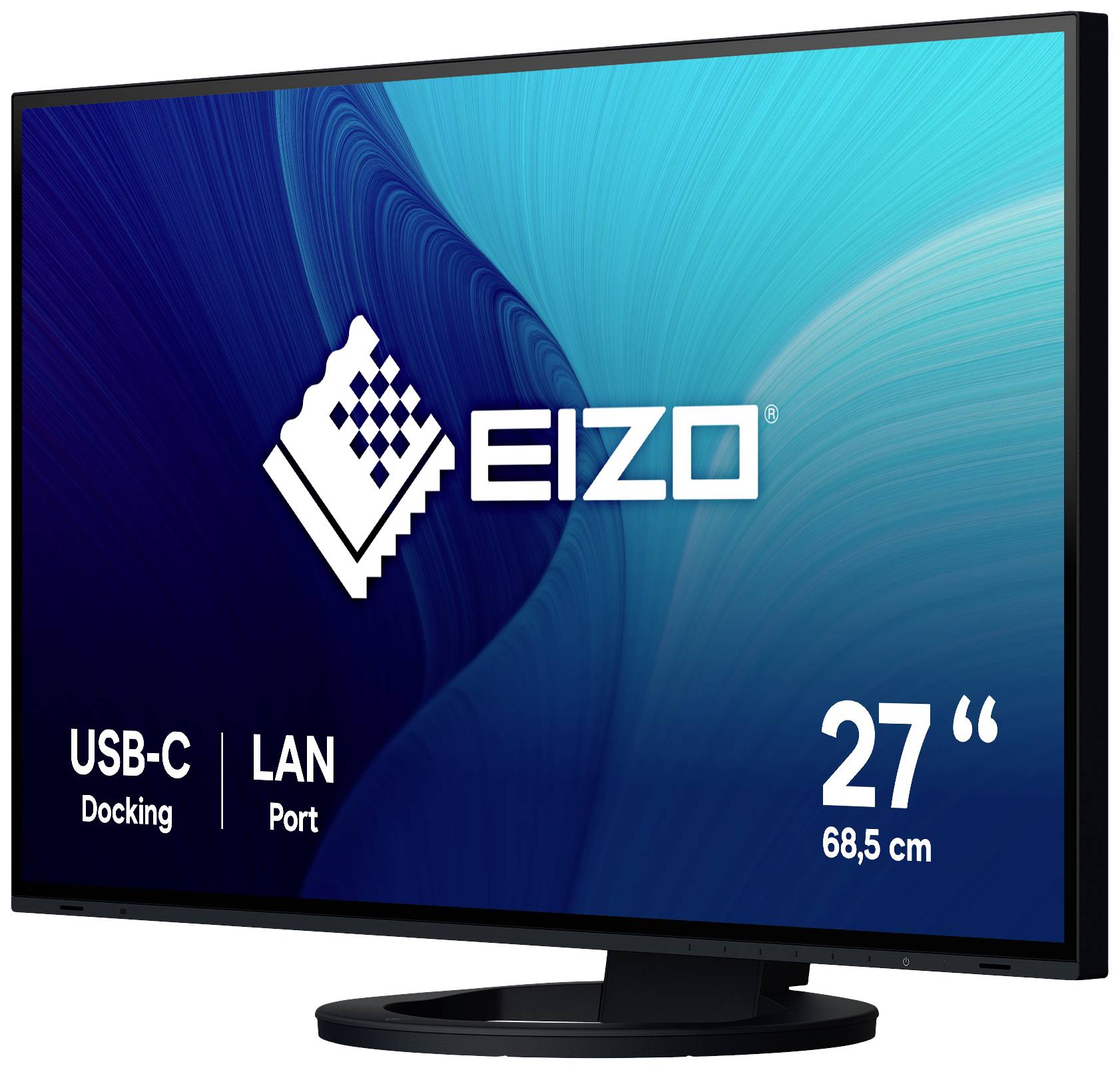 Ein Eizo-Monitor mit USB-C-Docking und LAN-Port, Bildschirmgröße 27 Zoll (68,5 cm) auf blauem Hintergrund.