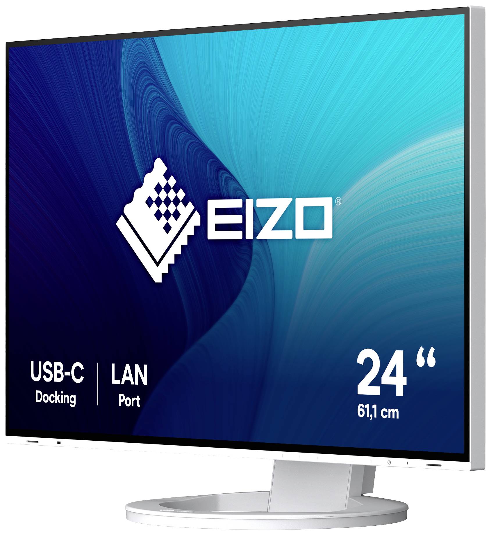 EIZO Monitor mit 24-Zoll-Bildschirm, USB-C-Docking und LAN-Anschluss, auf einem weißen Standfuß vor blauem Hintergrund.