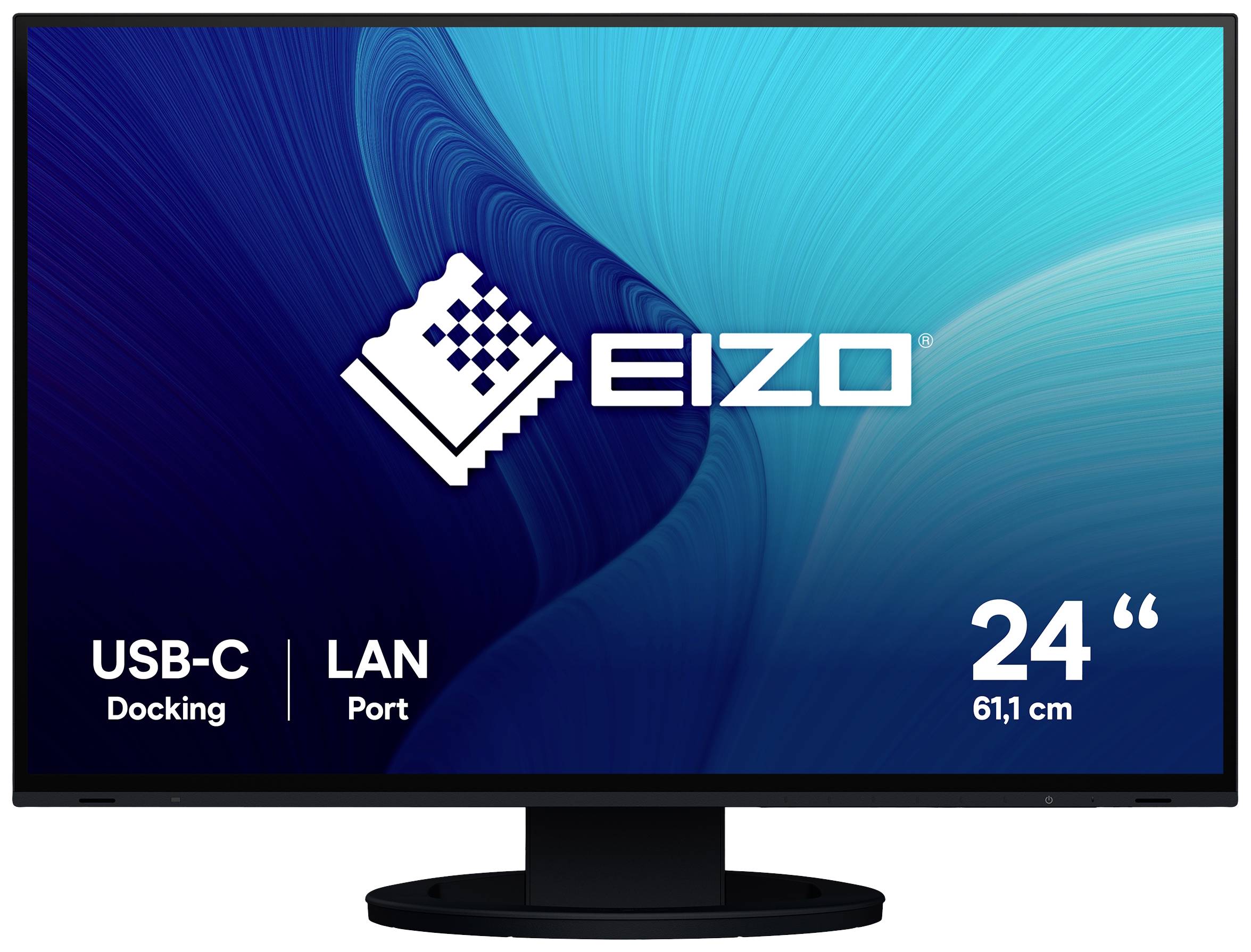 Ein schwarzer 24 Zoll Monitor von Eizo mit USB-C Docking und LAN-Port.