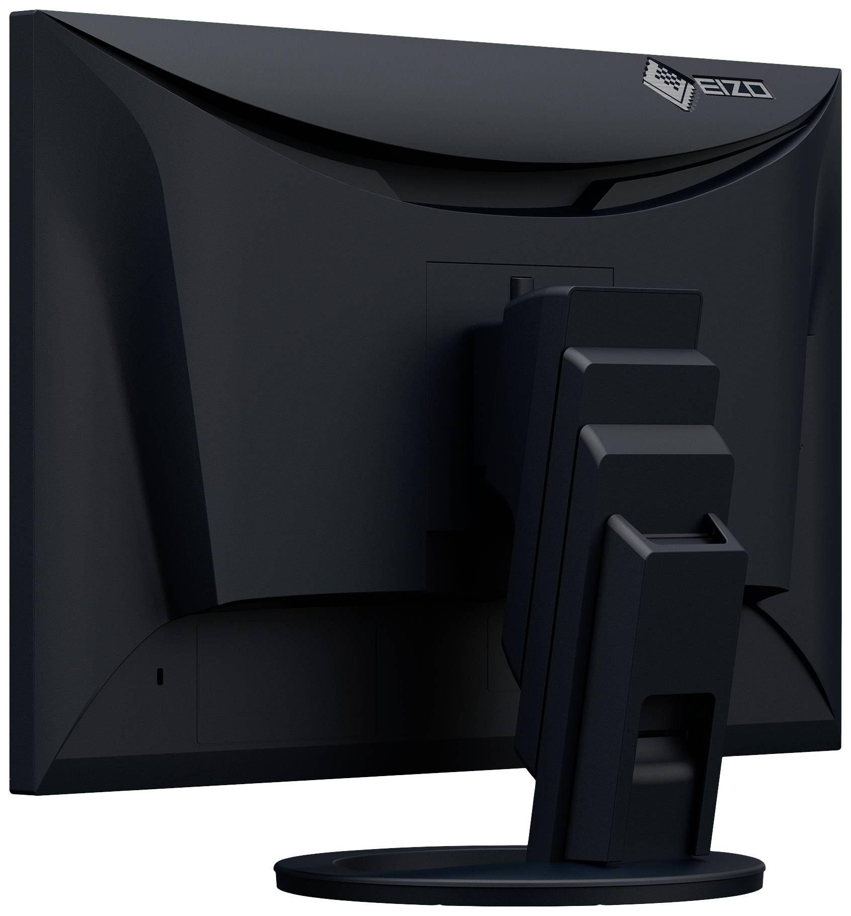 Ein schwarzer Computermonitor von hinten, der auf einem runden Ständer steht. Markennamen sind nicht lesbar.