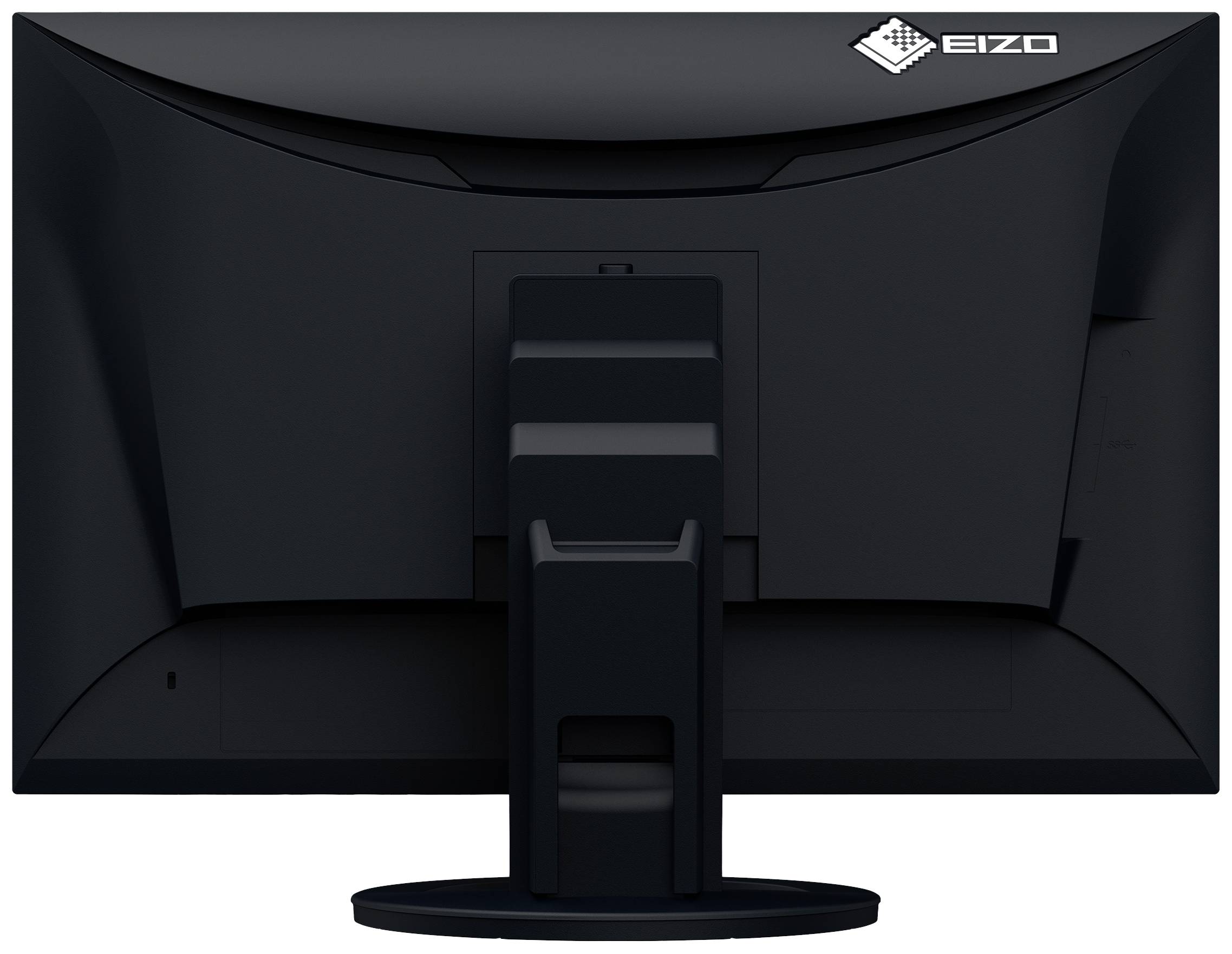 Ein schwarzer Computermonitor von hinten, mit einem stabilen Standfuß und dem Logo der Marke 'EIZO' oben rechts.