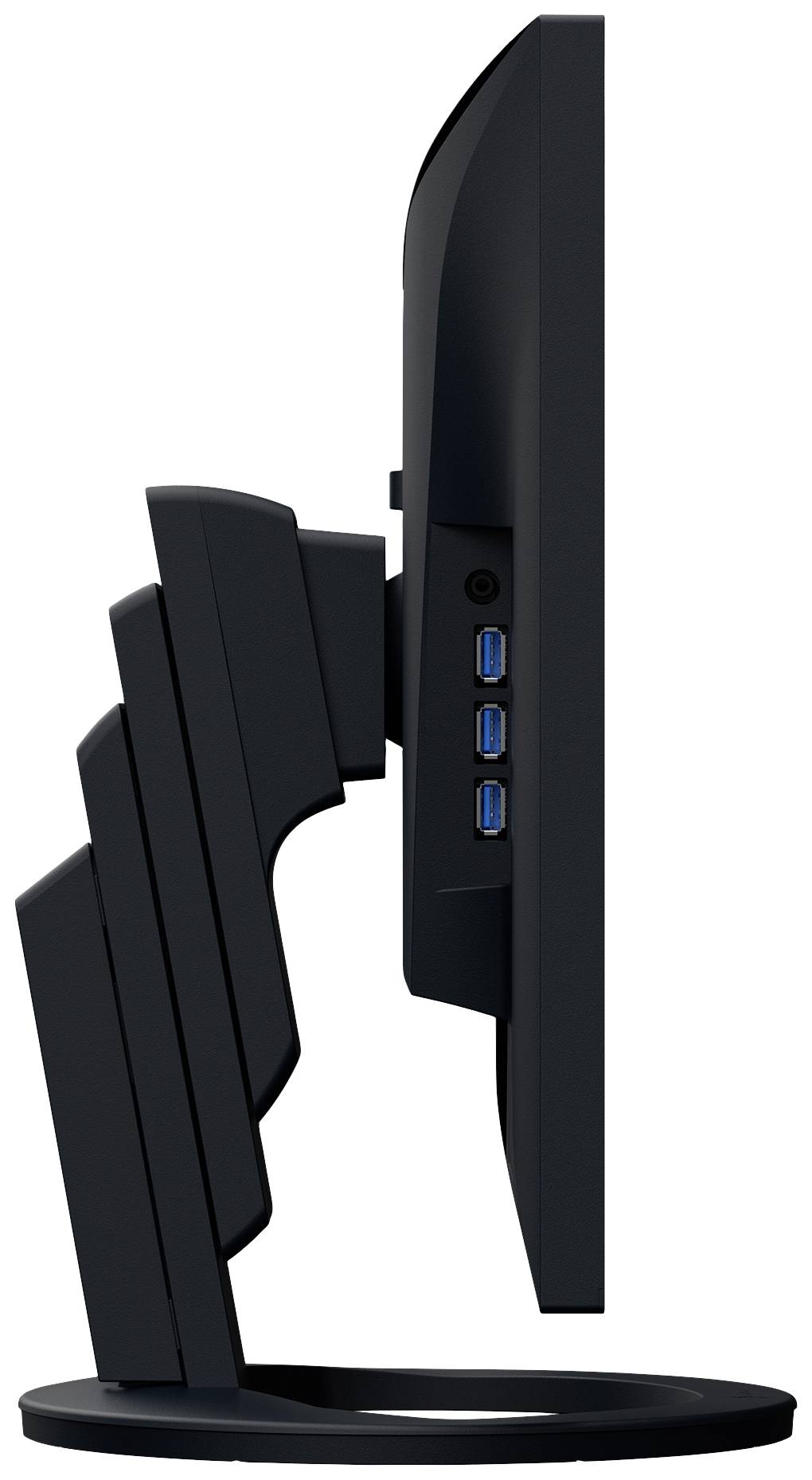 Seitenansicht eines schwarzen Monitors mit mehreren USB-Anschlüssen auf der Rückseite, auf einem drehbaren Standfuß montiert.
