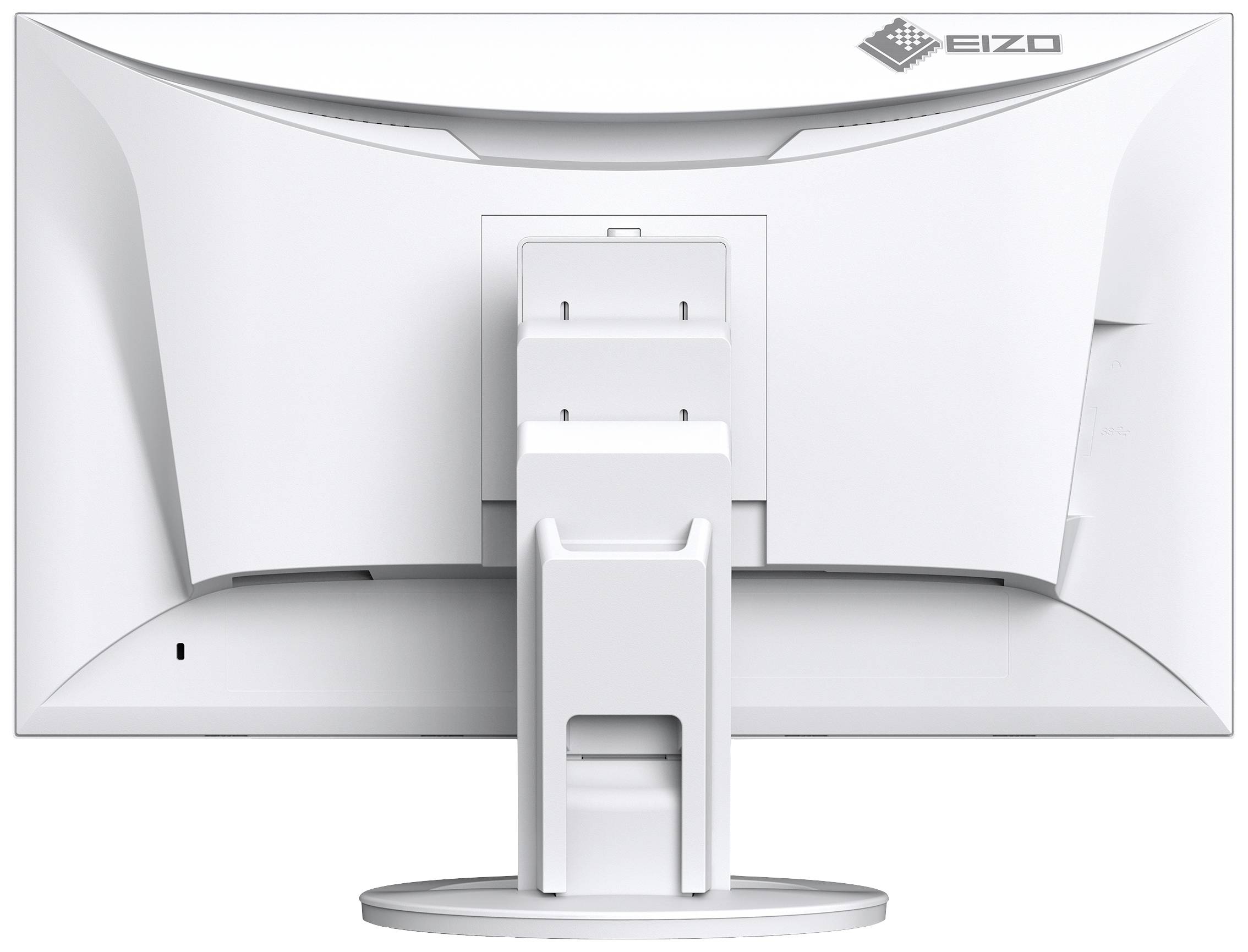 Hinteransicht eines weißen Computerbildschirms auf einem Standfuß, zeigt den Markenaufdruck oben rechts.