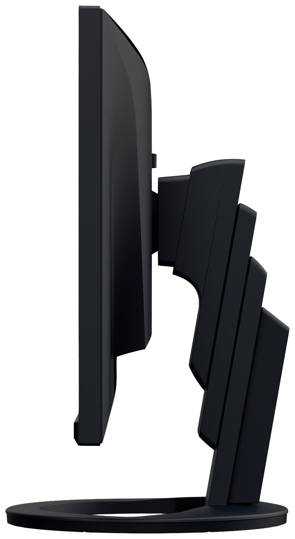 Seitenansicht eines schwarz verkleideten Computerbildschirms, der in Höhe und Neigung verstellbar ist.