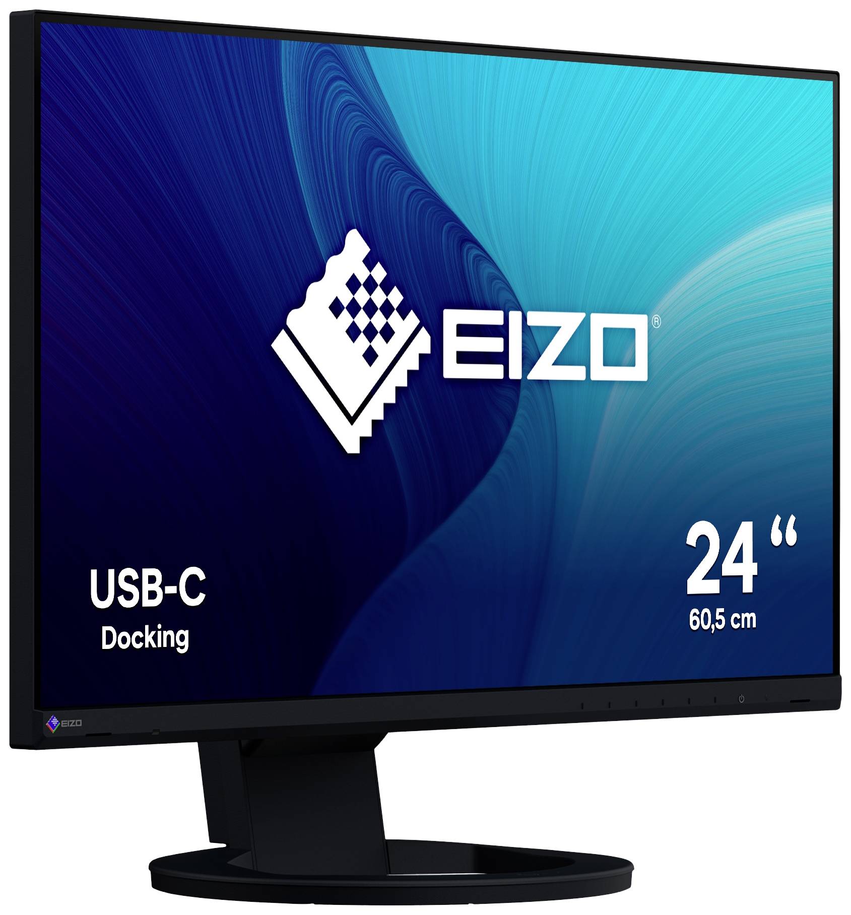 Ein Computerbildschirm von Eizo mit 24-Zoll-Diagonale, zeigt das Logo und Text 'USB-C Docking'. Hintergrund in Blau- und Türkistönen.