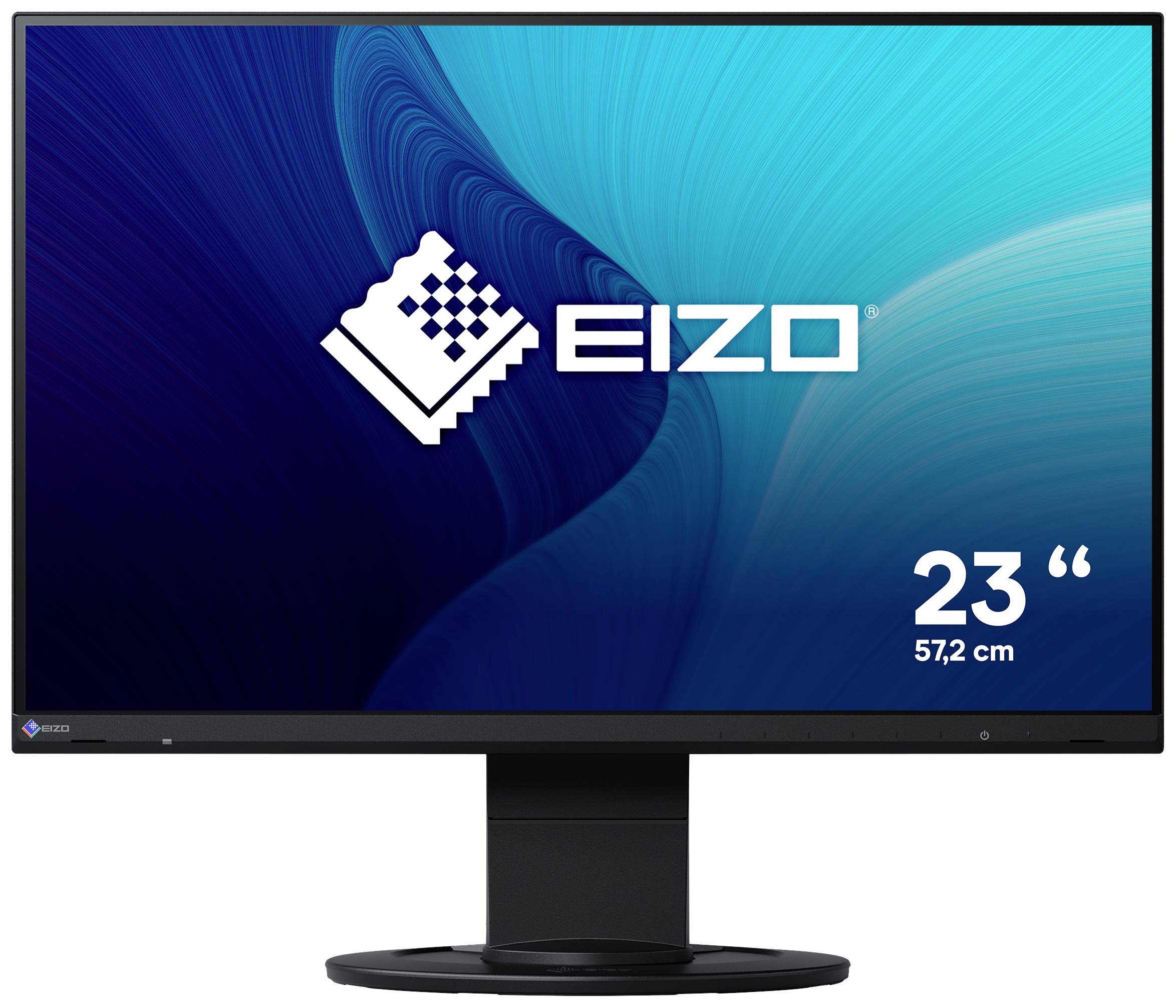 Ein EIZO-Monitor mit einer Bildschirmdiagonale von 57,2 cm (23 Zoll) und einem blauen Hintergrund, der das Markenlogo zeigt.