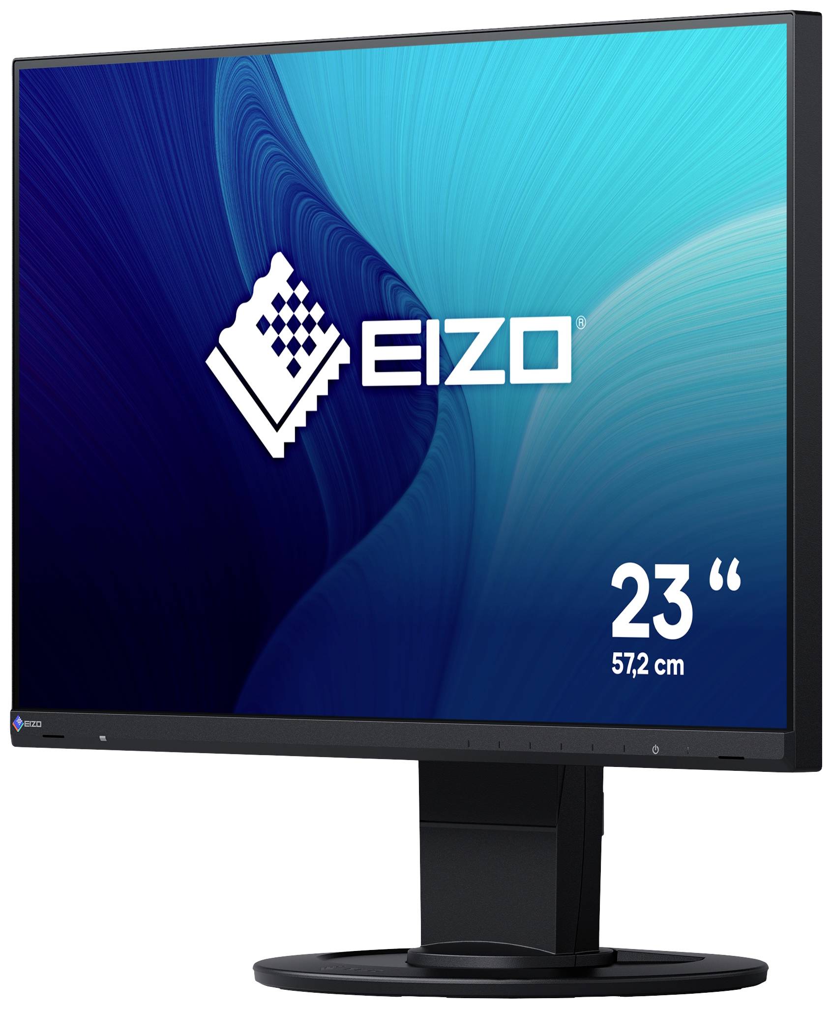 Ein Computerbildschirm der Marke Eizo mit blauem Hintergrund, zeigt die Bildgröße von 23 Zoll (57,2 cm) an.