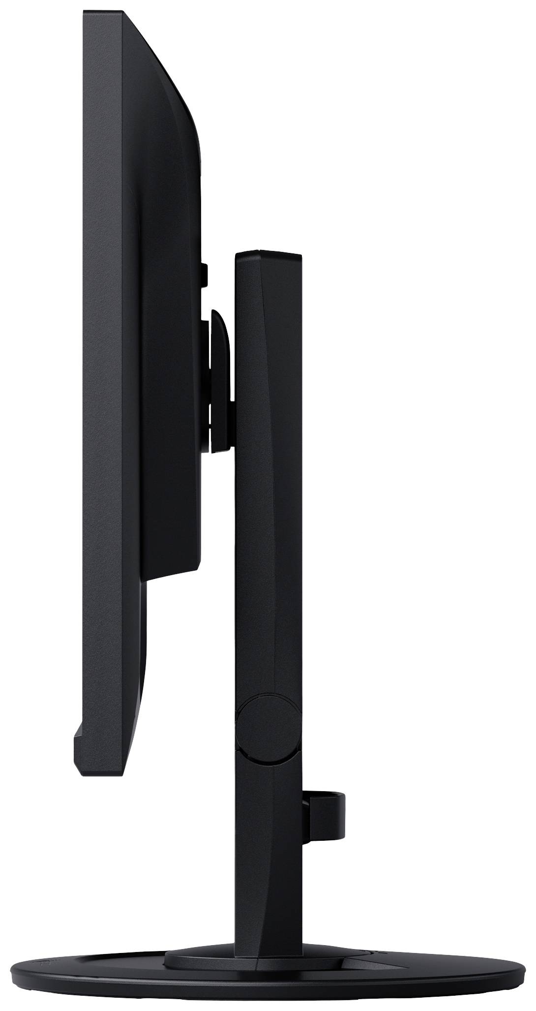 Schlanker Computermonitor, seitliche Ansicht; zeigt einen schmalen Bildschirm mit rechteckigem Standfuß, minimalistisch gestaltet.