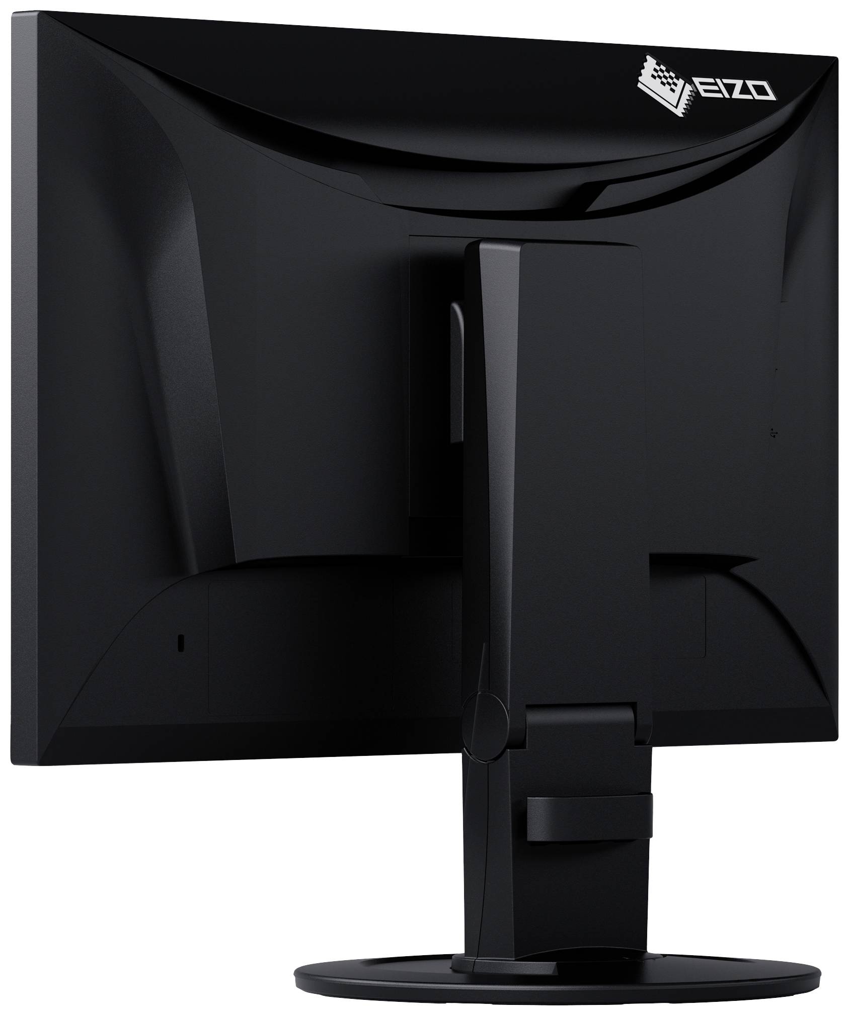 Ein schwarzer Computerbildschirm von hinten gesehen. Das Eizo-Logo befindet sich in der oberen rechten Ecke. Der Monitor ist auf einem stabilen Standfuß montiert.