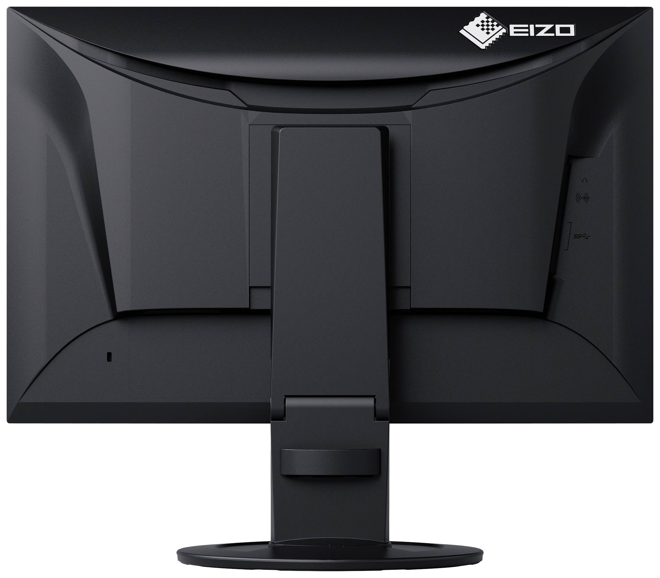 Ein schwarzer Computermonitor von hinten gezeigt, mit einem stabilen Standfuß, der eine Neigung und Drehung ermöglicht.