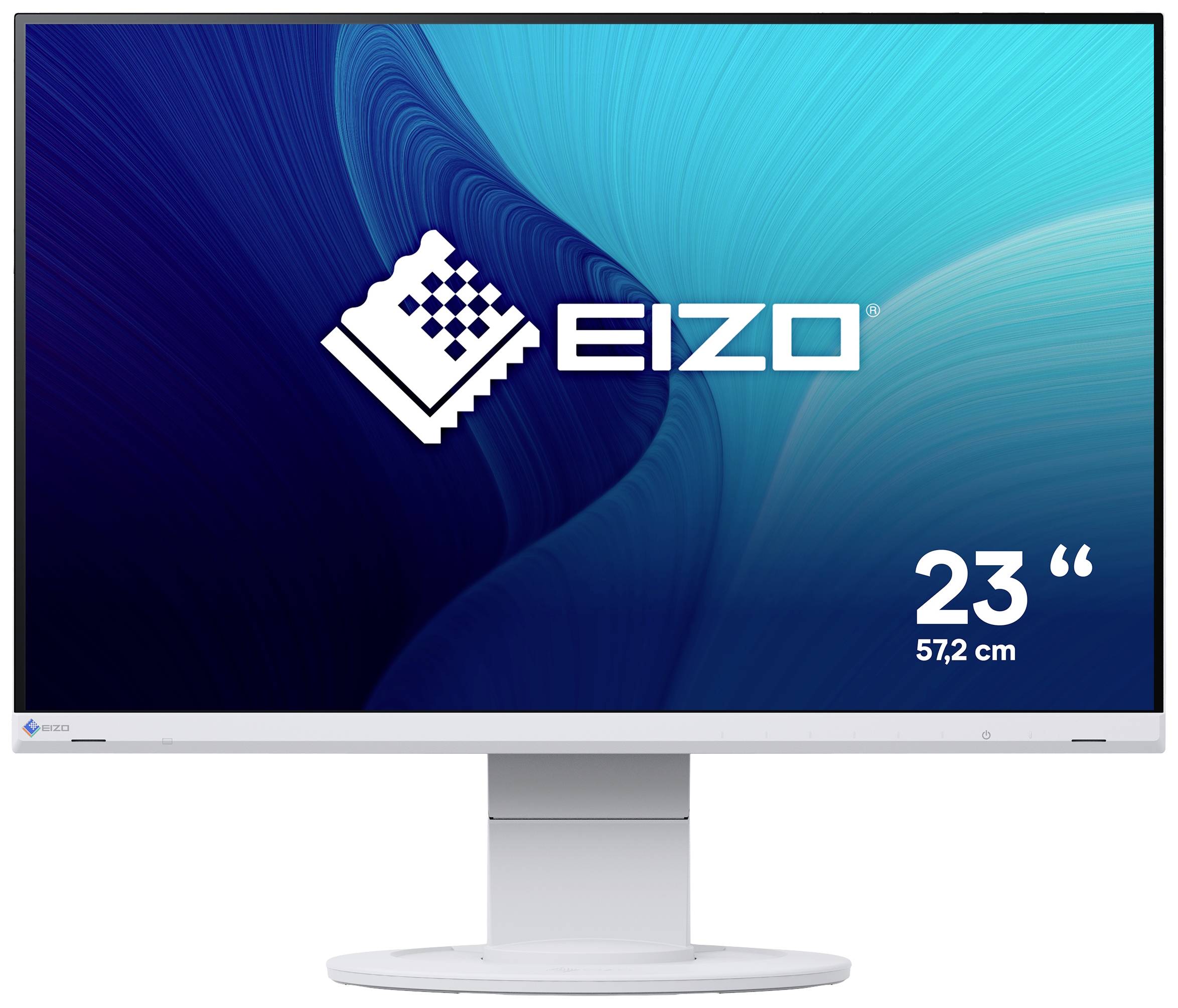 Ein Monitor mit EIZO-Logo auf blauem Hintergrund, Displaygröße '23 Zoll (57,2 cm)'. Display zeigt keine spezifischen Inhalte.
