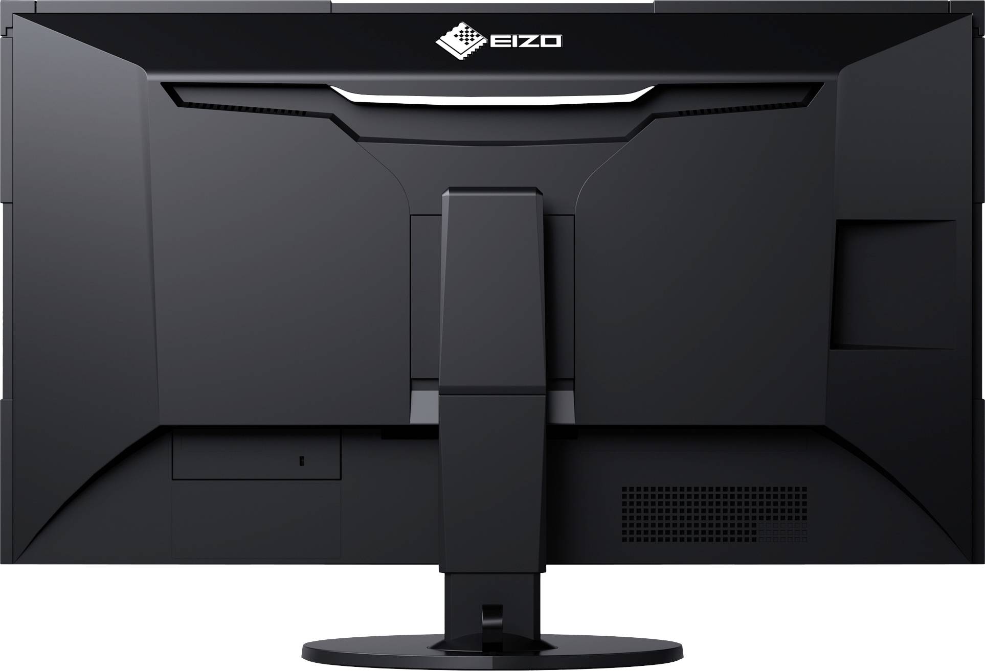 Rückseite eines Computerbildschirms der Marke Eizo, schwarz, mit verstellbarem Standfuß. Keine sichtbaren Kabel oder Anschlüsse.