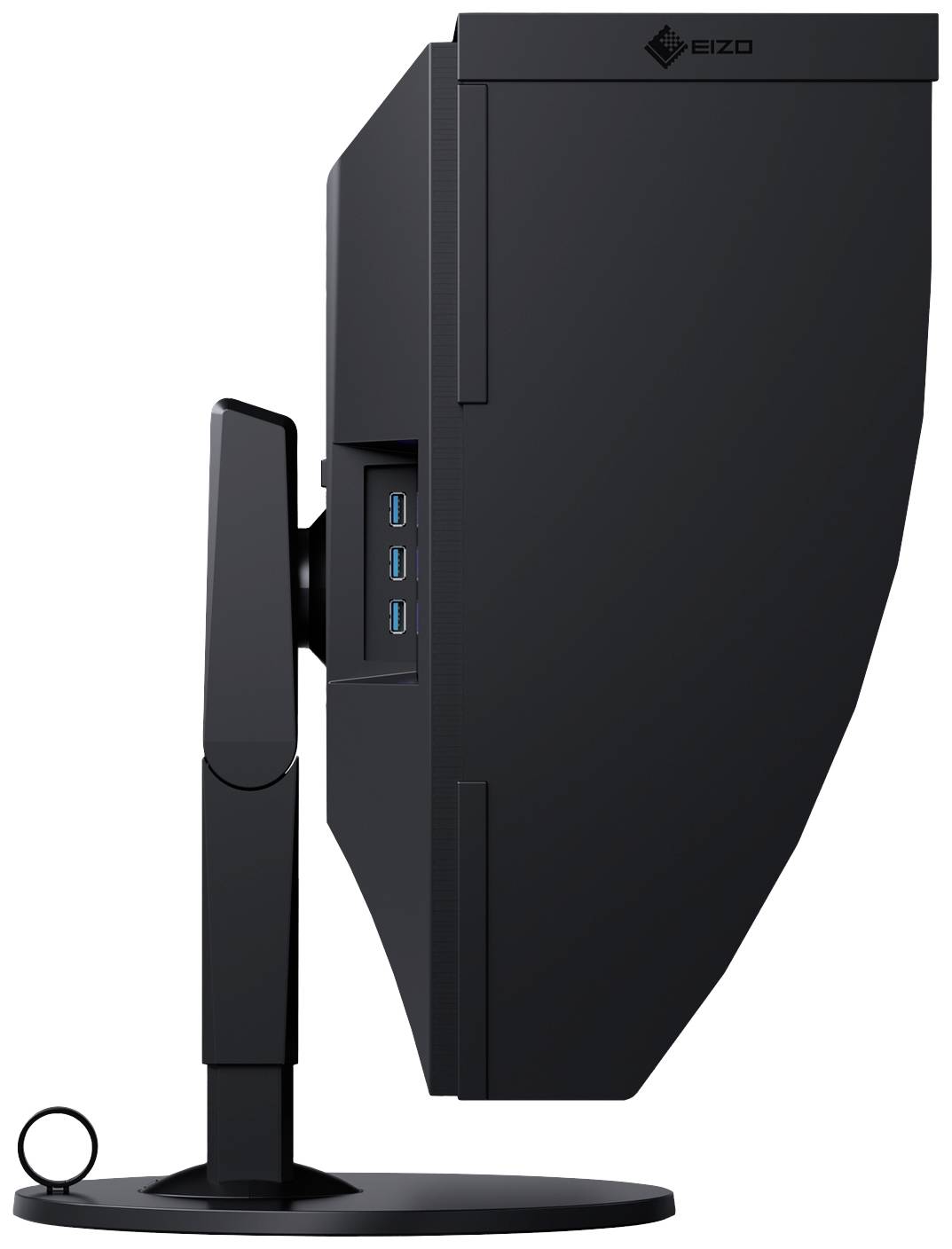 Ein schwarzer Monitor von der Seite, mit USB-Anschlüssen an der Seite und einem stabilen Standfuß.