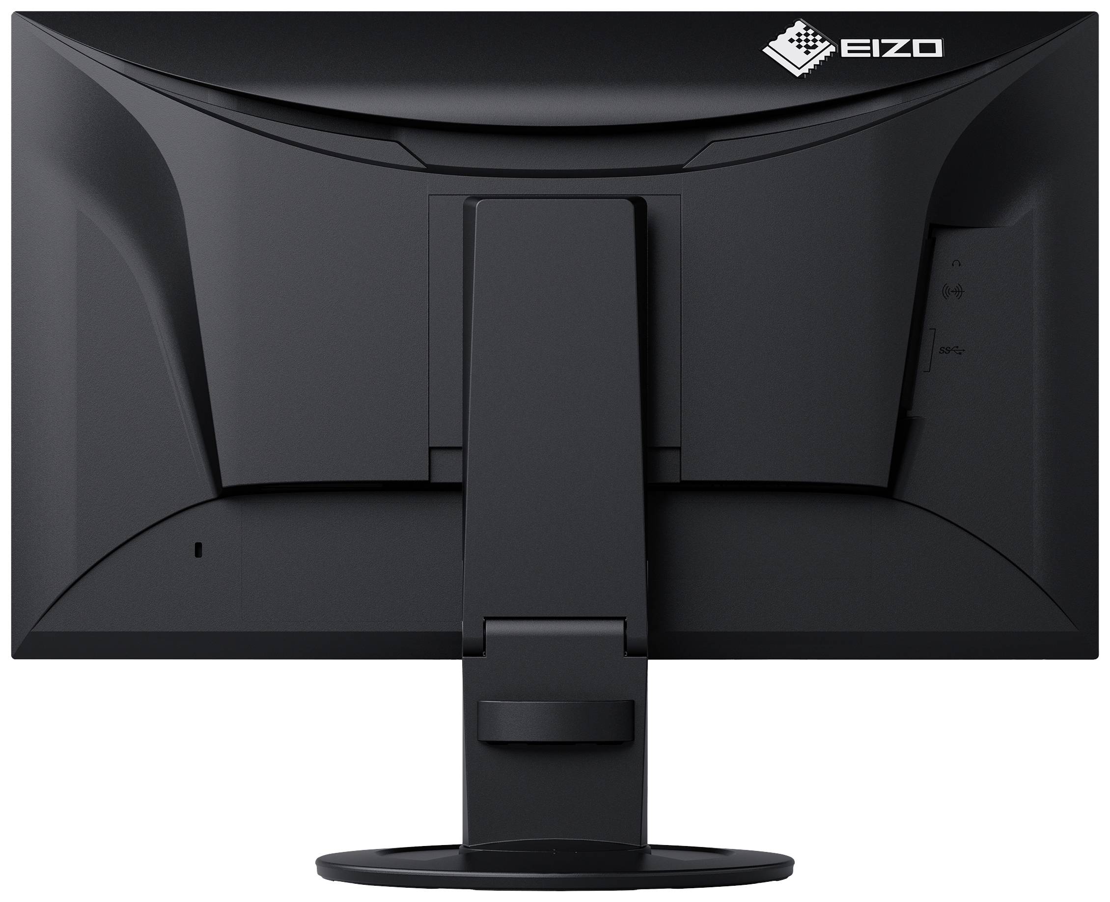 Ein schwarzer Computerbildschirm von hinten mit einem stabilen Standfuß, einer Markenaufschrift oben rechts und klaren Linien im Design.