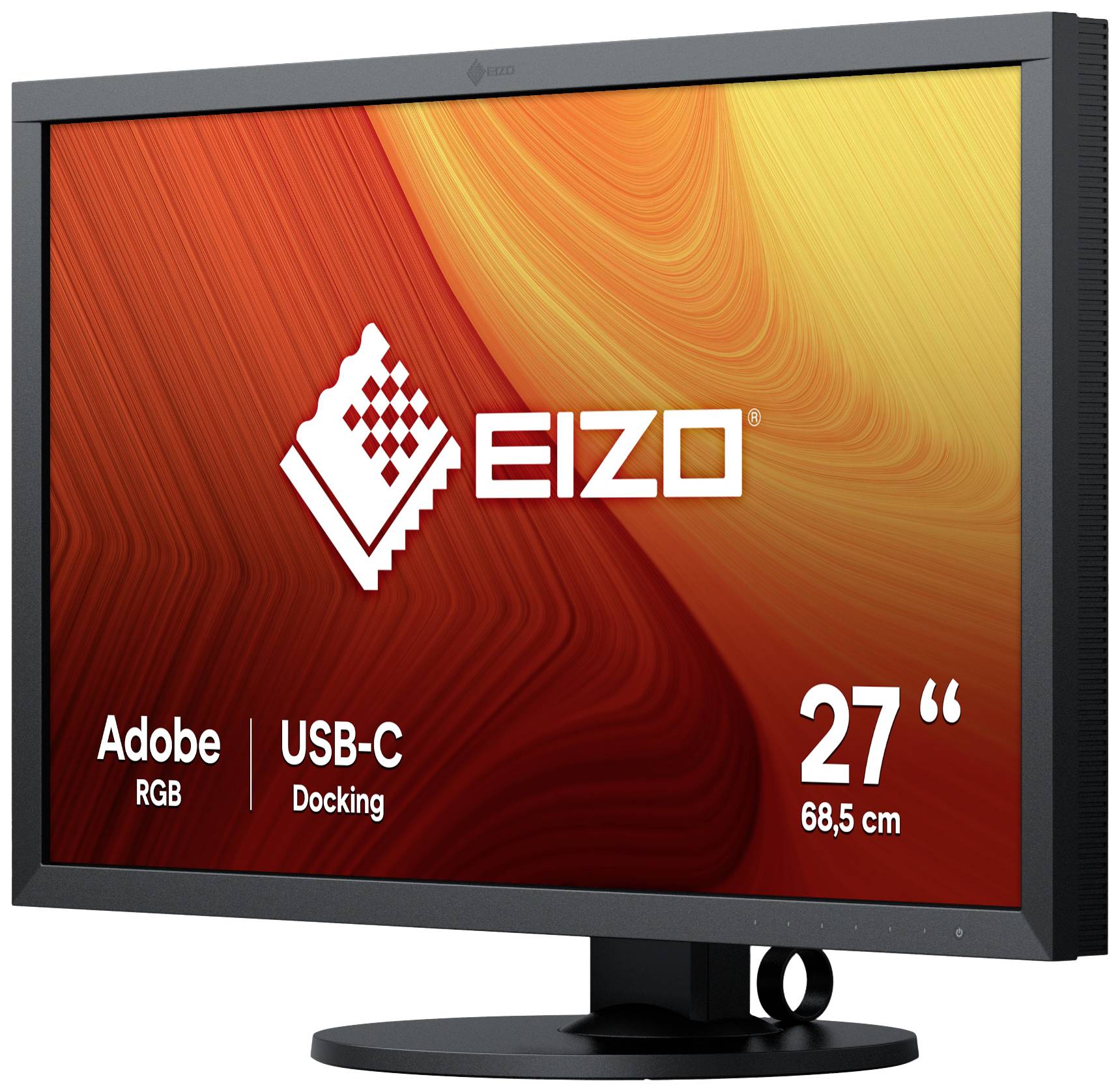 27 Zoll EIZO Monitor mit Adobe RGB und USB-C Docking, Bildschirm in hellem Rot-Orange-Ton.