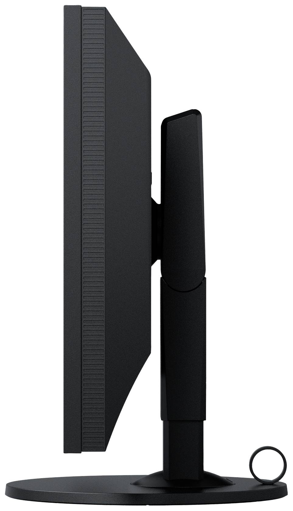 Ein schwarzer Computermonitor wird von der Seite gezeigt, steht auf einem runden Fuß und hat ein schlankes Design.