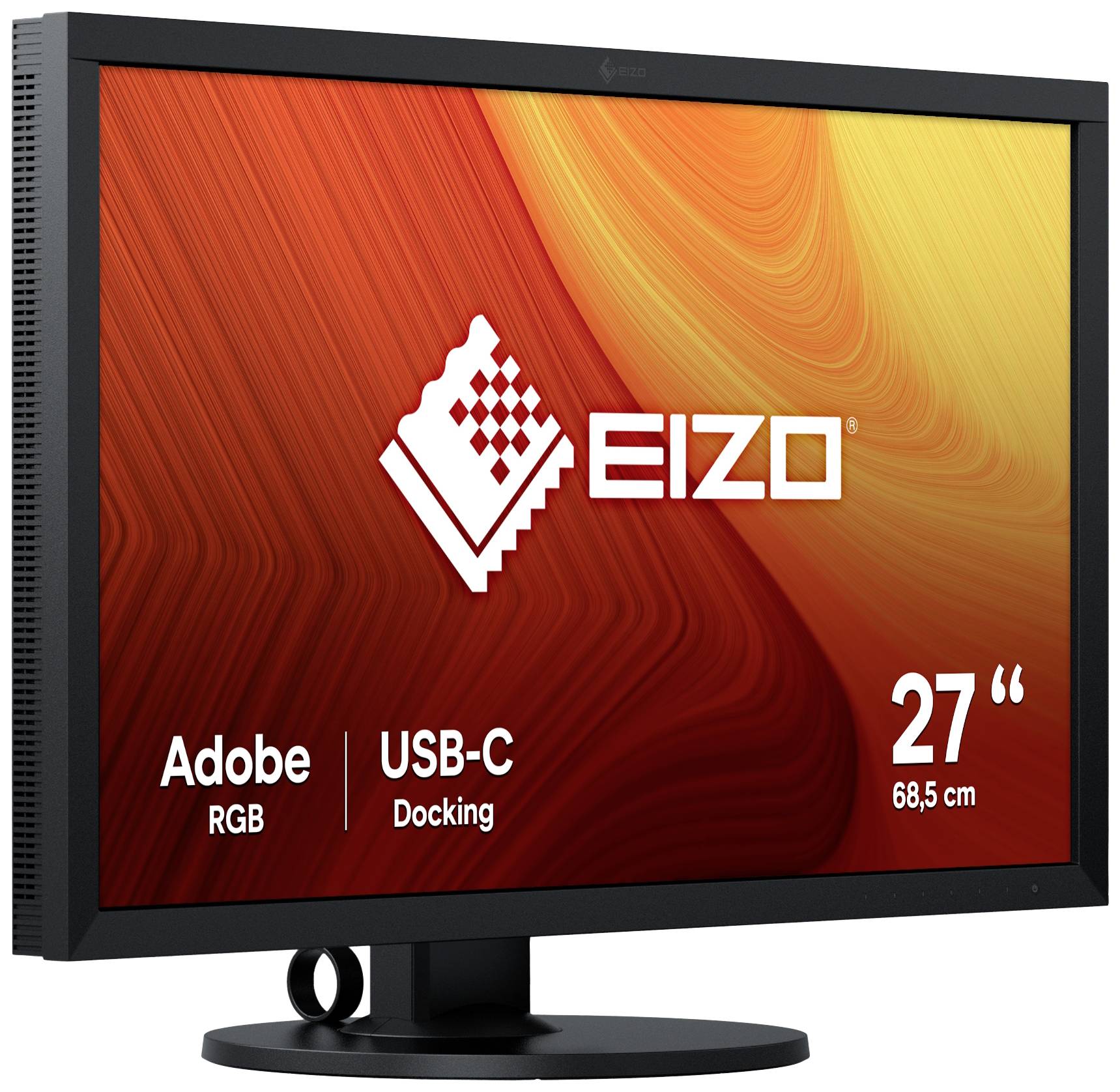 Ein Monitor mit einem 27 Zoll (68,5 cm) Bildschirm. Das Display zeigt das EIZO-Logo, 'Adobe RGB' und 'USB-C Docking' an.